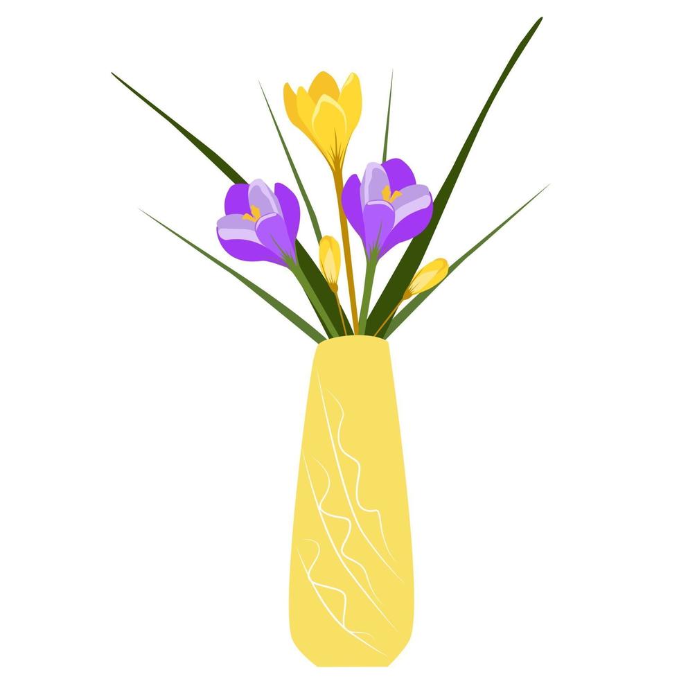 gele en paarse krokussen in een vaas vector
