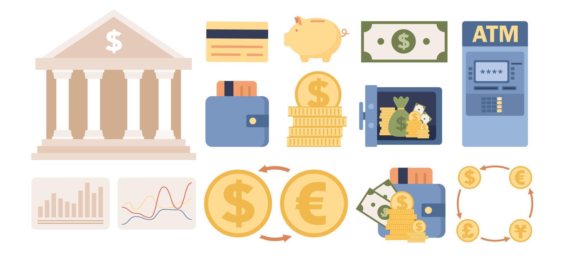 bank icoon set. online bank concept. bank gebouw, Geldautomaat, financieel transacties, geld, betaling, kaart, valuta aandelenbeurs, borg. vector vlak illustratie