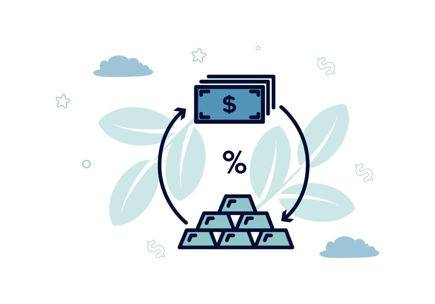 financiën. storting in kostbaar metalen. de logo tussen de pijlen van de omzet van goud bars en dollar rekeningen, binnen de procent teken, de opschrift schuld herfinanciering. vector illustratie