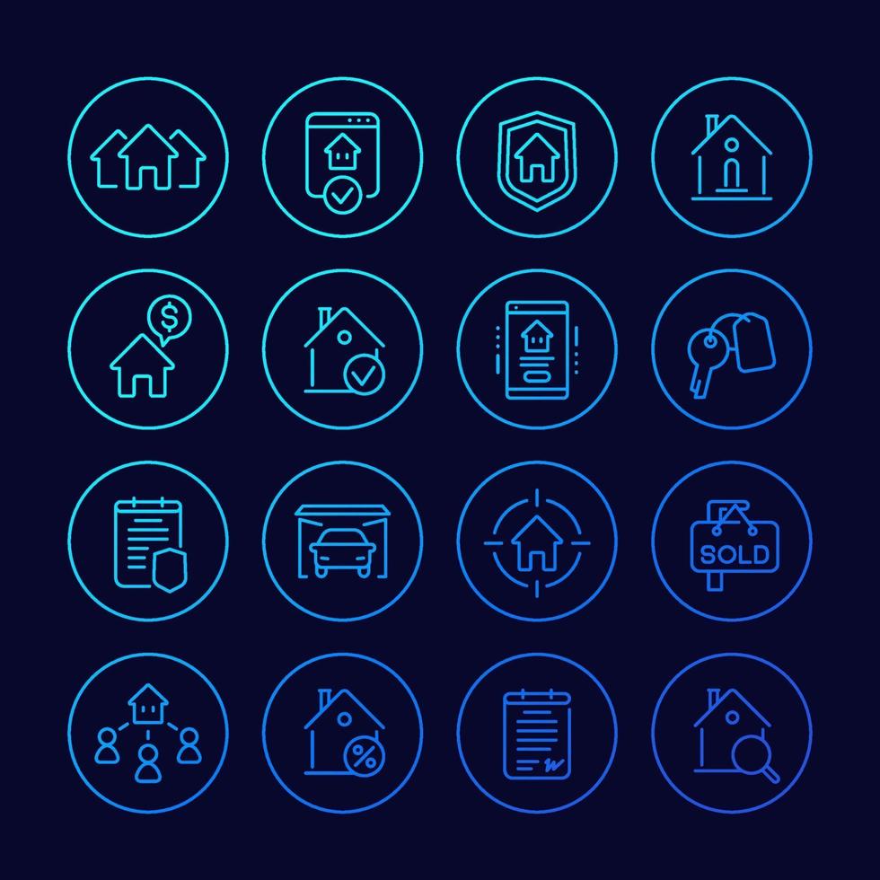 onroerend goed lijn pictogrammen, huizen te huur, verkoop, hypotheek en verzekering vector