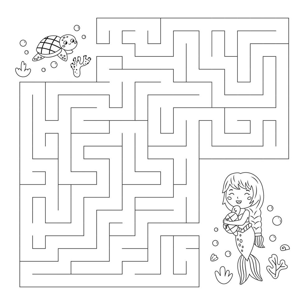 kleur bladzijde met doolhof. labyrint spel. helpen de schildpad vind de manier naar meermin. fee verhaal. leerzaam puzzel voor kinderen. onderwater- thema. kleur boek. vector illustratie.