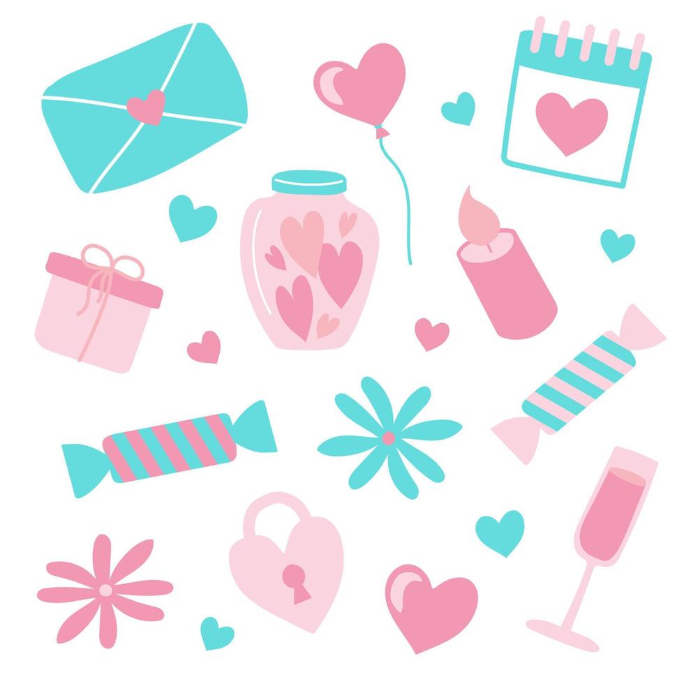 st. Valentijn dag set. harten, hartvormig op slot doen, snoepjes, ballon, envelop en bloemen en andere pictogrammen Aan wit vector