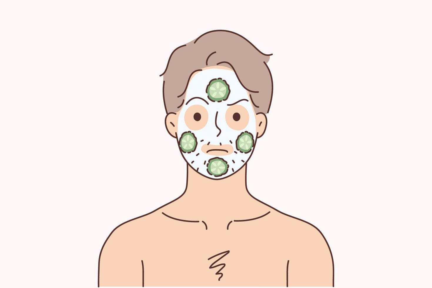 Mens met gelaats masker voor glad gezond huid. ongelukkig mannetje Doen gezicht procedures zetten komkommers voor hydratatie. schoonheid en huidverzorging. vector illustratie.