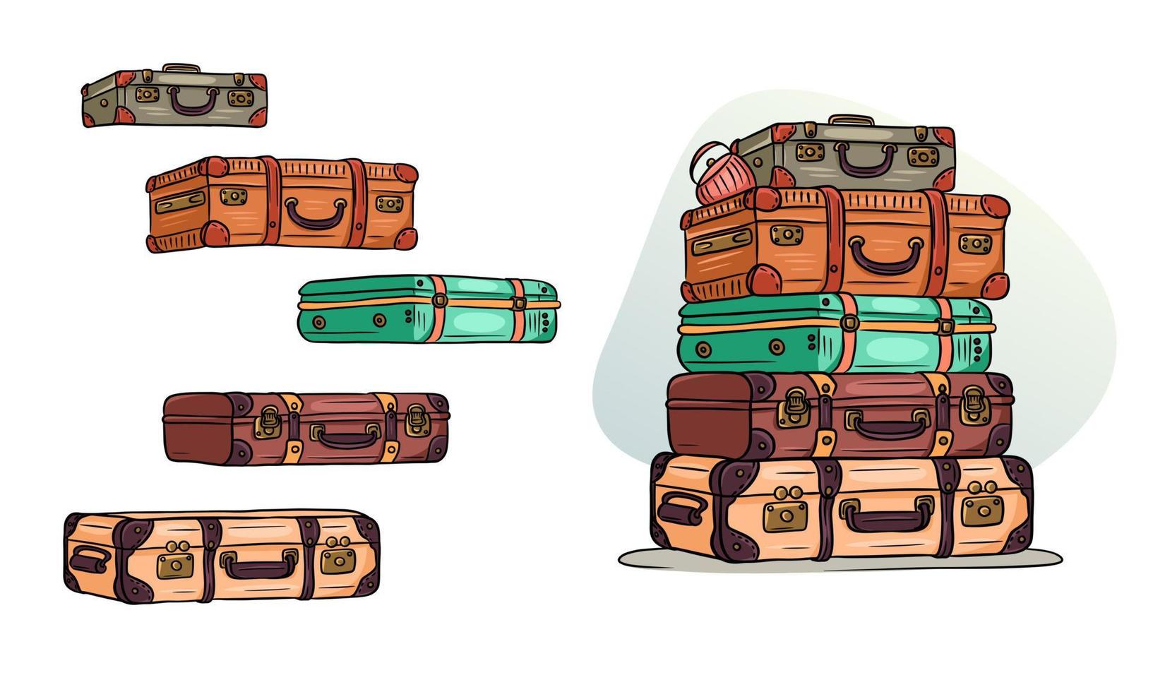 klassiek retro reizen koffers liggen Aan top van elk andere en individueel. tekenfilm stijl. vector