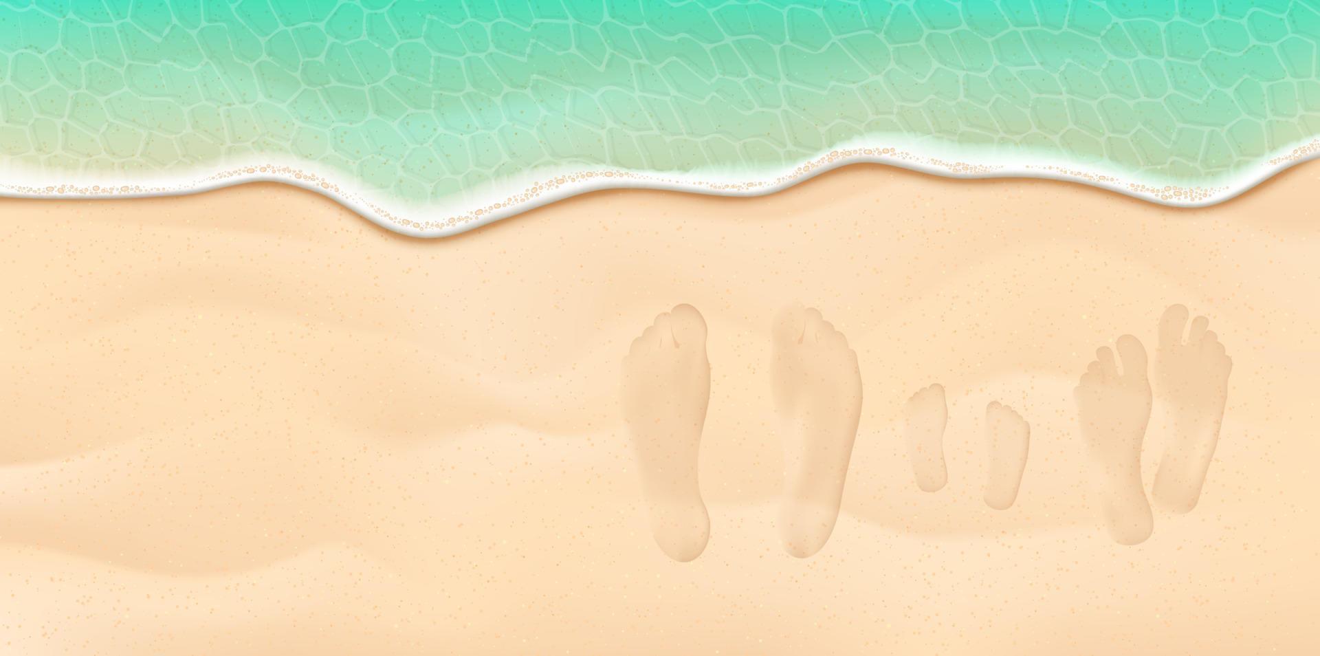 mama, vader en kind voetafdrukken Aan de zand strand in de buurt de zee surfen. zomer vakantie familie concept. vector realistisch illustratie. top visie