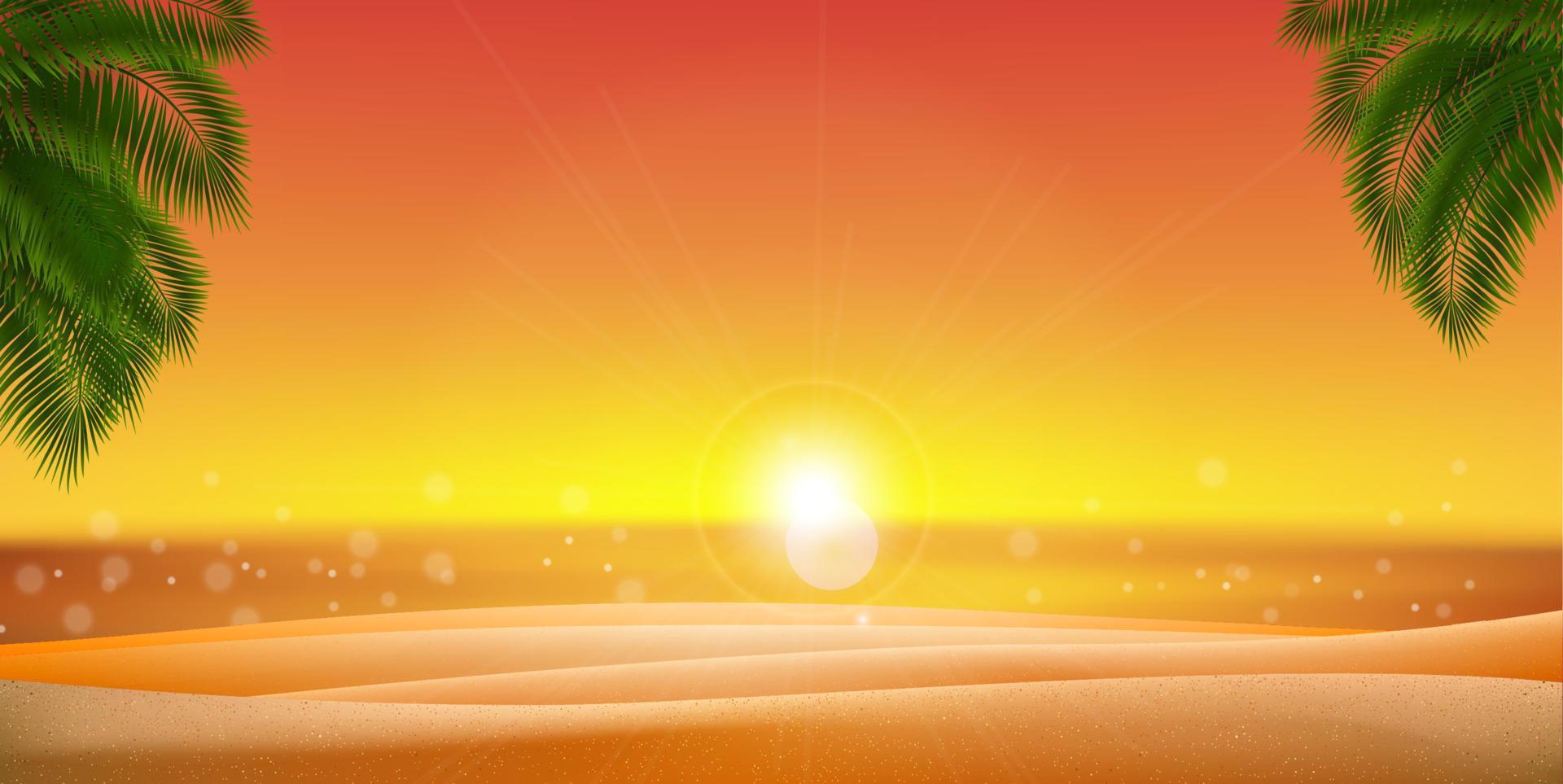 gouden zand palm bladeren met zonsondergang, zonsopkomst en zee, oceaan. vector eps 10