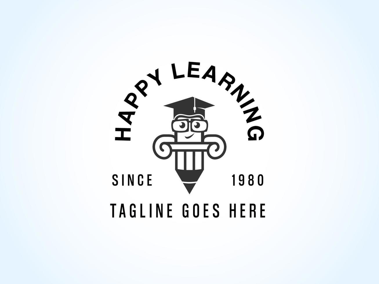 onderwijs logo ontwerp, tekenfilm potlood met bril en diploma uitreiking hoed staand in boek vector