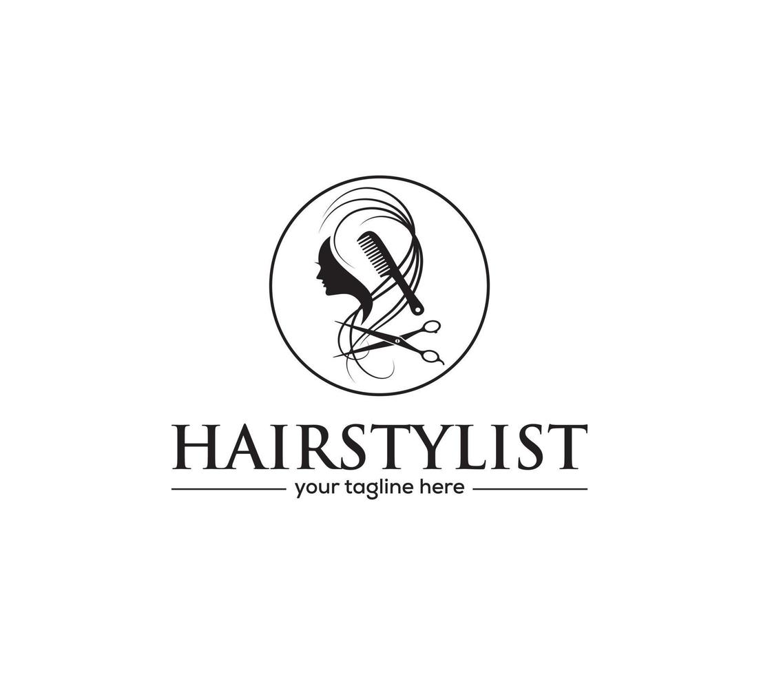 haar stylist logo is salon meisje, haar- stijl, haar- snee, haar- dressoir. schoonheid. Aan wit achtergrond, vector illustratie.