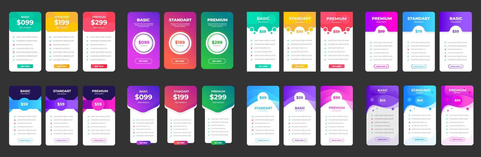 ui ux prijzen ontwerp tafels met tarieven, abonnement Kenmerken checklist en bedrijf plannen set. prijzen plannen tafel prijzen tabel prijs lijst voor web of app. Product vergelijking bedrijf web plannen. vector