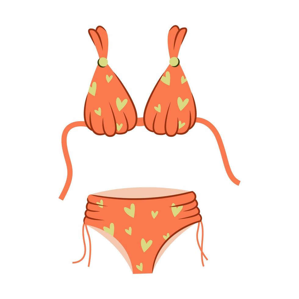 een roze tweedelig zwempak met een groen hart. de top en bodem van zwemkleding. zomer strandkleding. vector illustratie in een vlak stijl.