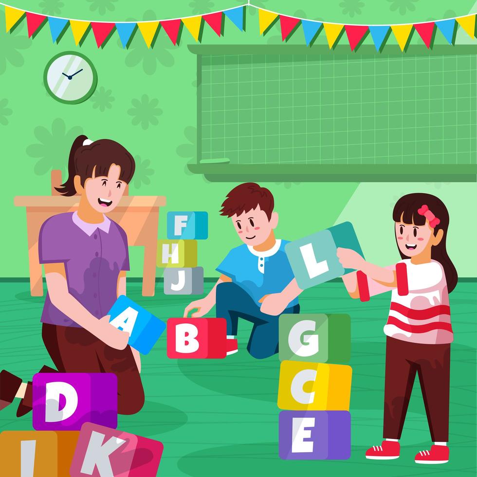 leraar speelt alfabetblokken met jongen en meisje vector