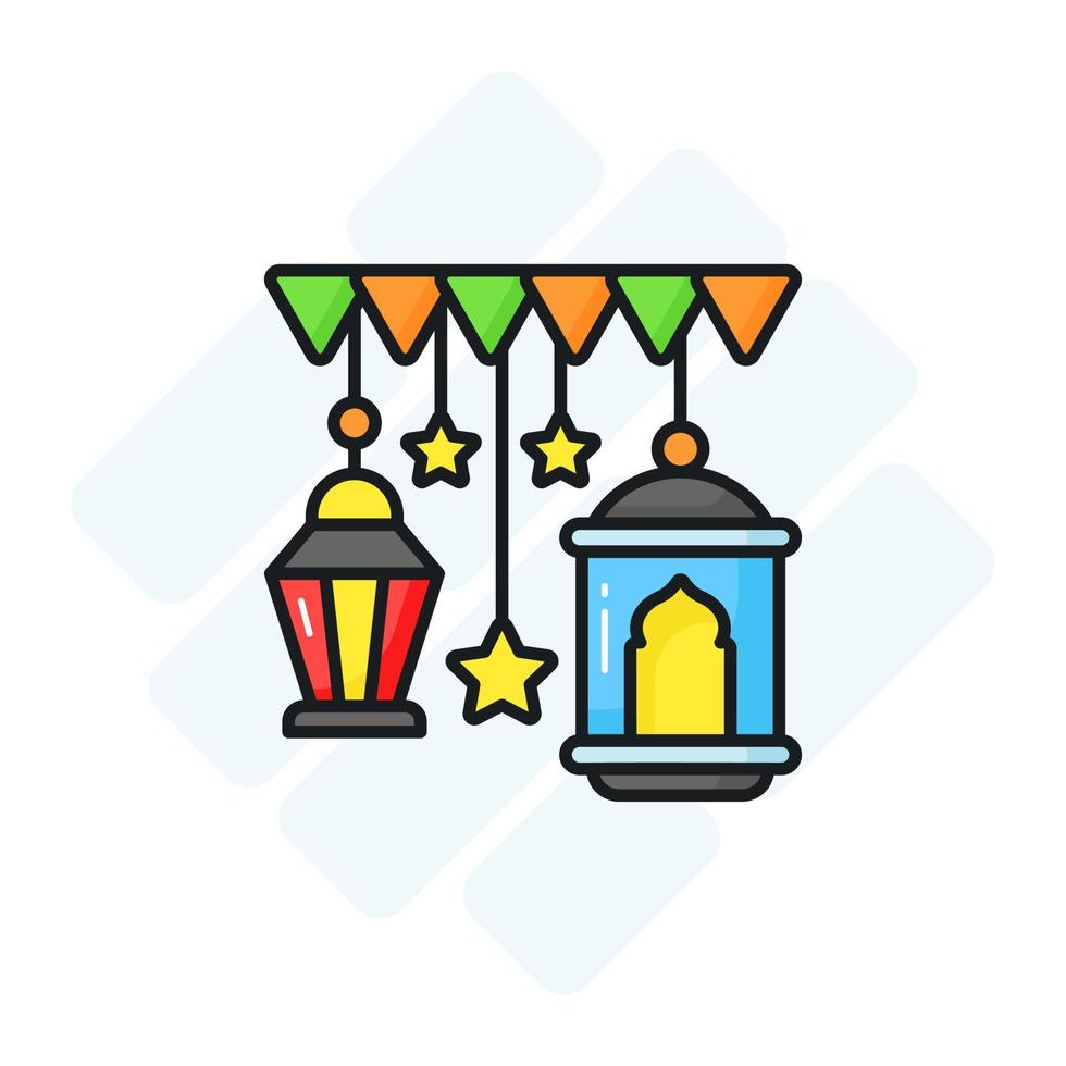 wijnoogst lantaarn en sterren met slingers tonen concept vector van Ramadan decoratie