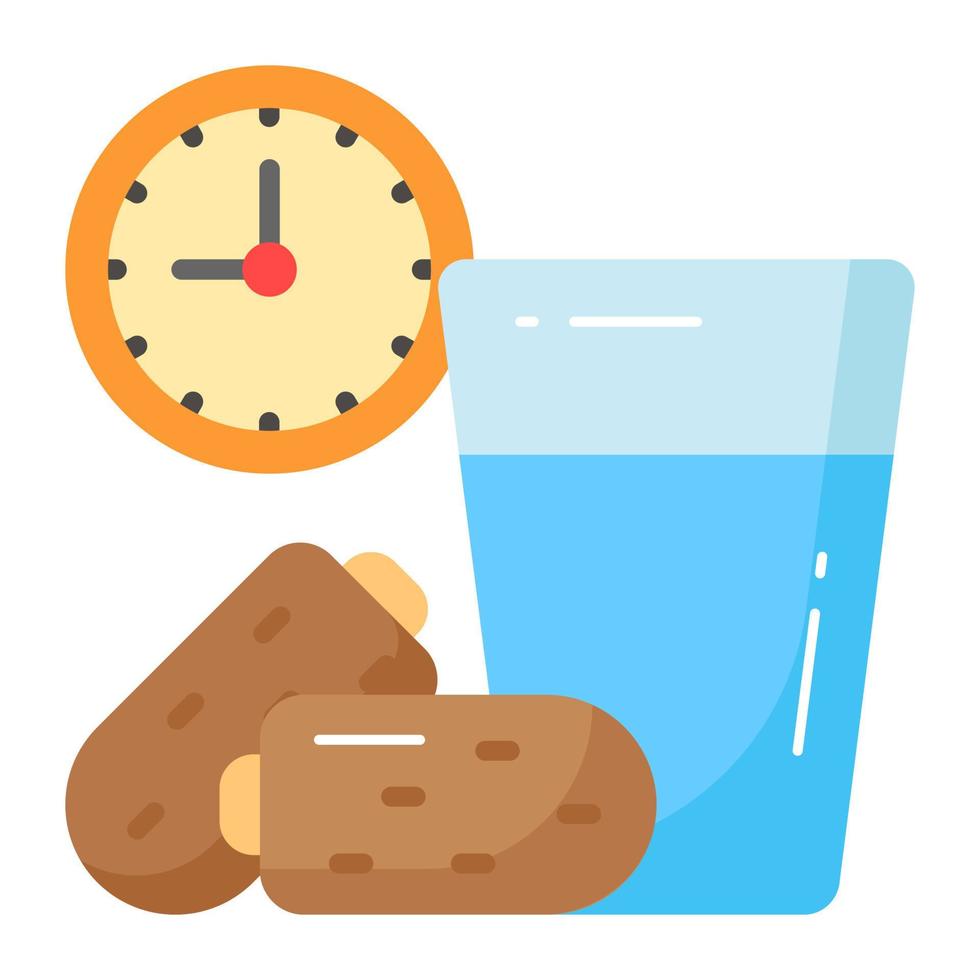 datums, water glas en klok tonen concept van Ramadan iftar tijd vector