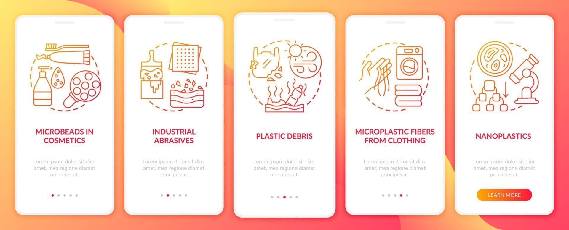 microplastics-bronnen en -typen onboarding mobiele app-paginascherm met concepten vector