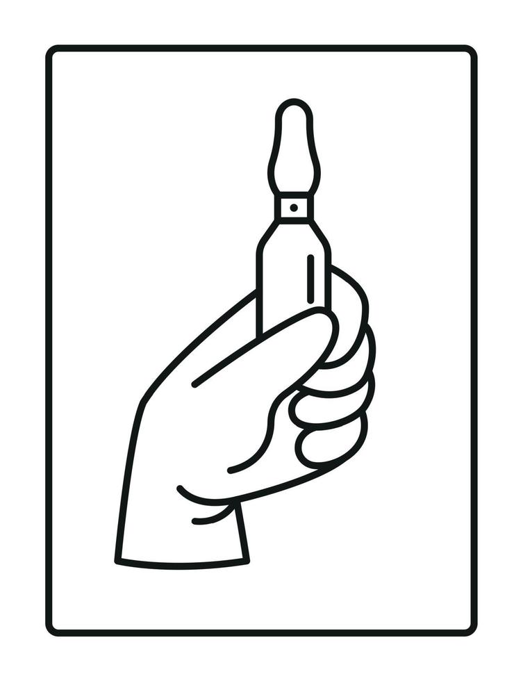 een gehandschoende hand- houdt een ampul. vector illustratie.