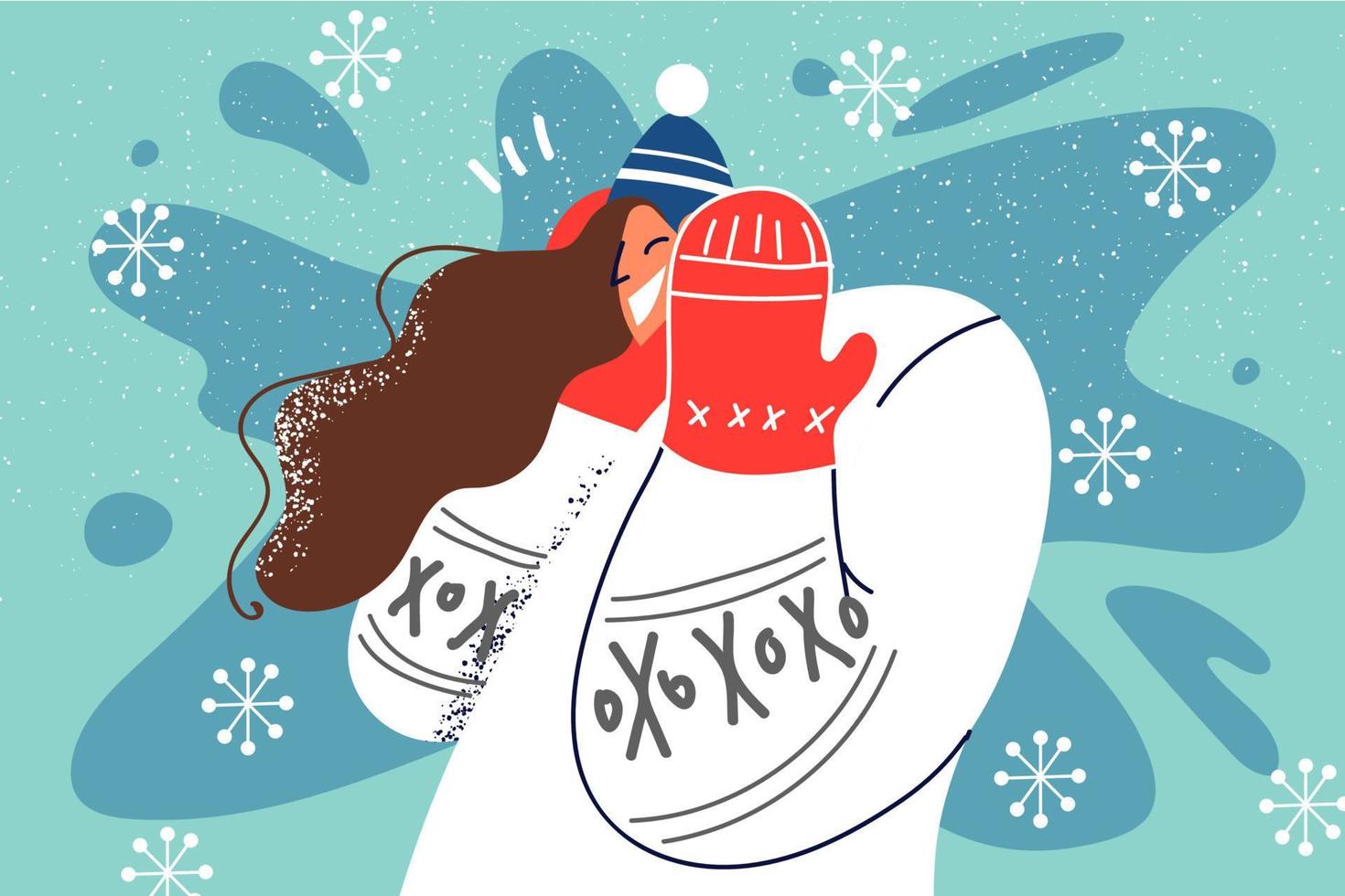 glimlachen vrouw in bovenkleding genieten winter vakantie. gelukkig meisje in hoed en trui kom tot rust wandelen in sneeuw Aan vakanties. vector illustratie.