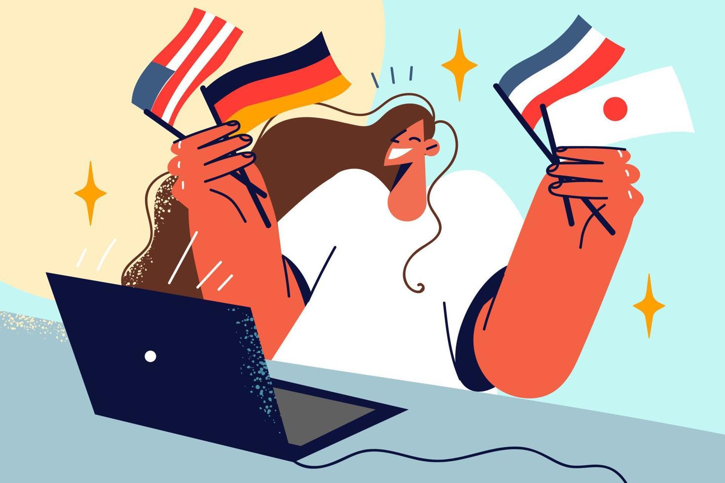 glimlachen vrouw zitten Bij bureau met laptop Holding vlaggen van verschillend landen. gelukkig Internationale vrouw leerling werken Aan computer. vector illustratie.