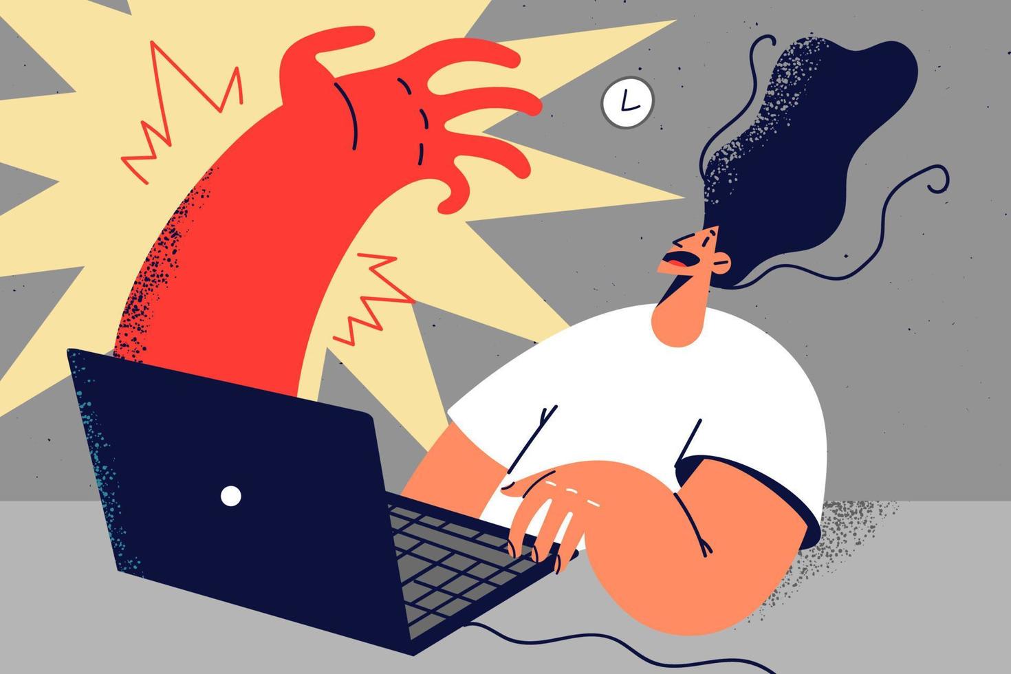 bang vrouw kijken Bij reusachtig hand- verschijnen van laptop scherm. groot hand- ontstaan van computer aanval doodsbang vrouw medewerker. vector illustratie.