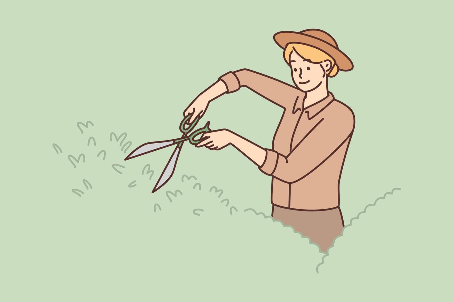 vrouw tuinman toepassingen groot schaar naar vorm struiken en verwijderen ziek takjes. meisje werken net zo tuinman duurt zorg van tuin planten aan het doen en decoreren landschapsarchitectuur vector