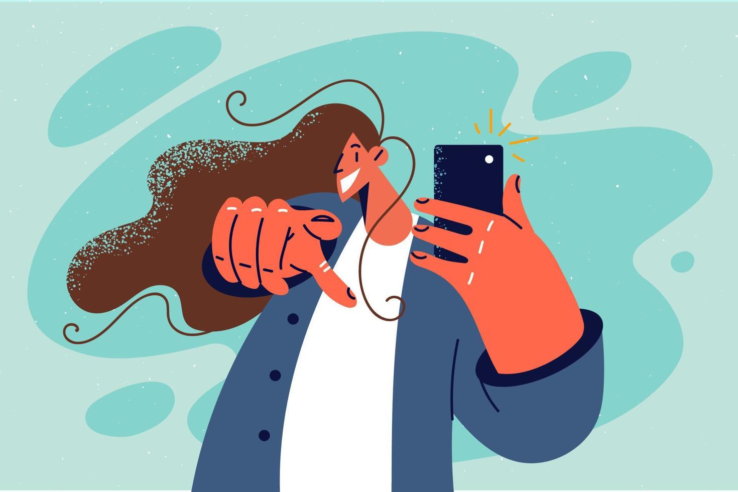 glimlachen vrouw nemen afbeelding met mobiele telefoon punt Bij scherm. gelukkig meisje fotograaf met smartphone tonen met vinger Bij camera. vector illustratie.