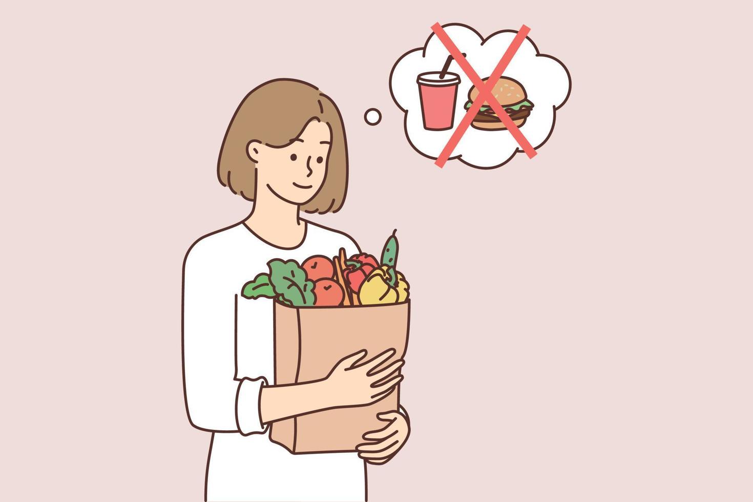 vegetarisch vrouw Holding papier zak met vers groenten in handen weigeren naar kopen snel voedsel schadelijk naar Gezondheid. vegetarisch meisje besloten naar Gaan Aan groente eetpatroon naar krijgen ontdoen van maag problemen vector