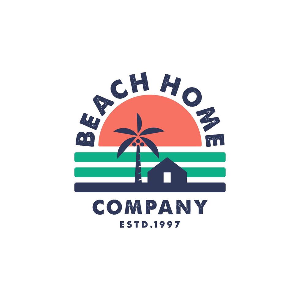 strand zee en zon wijnoogst logo illustratie. en huis met palm boom logo vector, tropisch strand huis of hotel icoon ontwerp illustratie vector