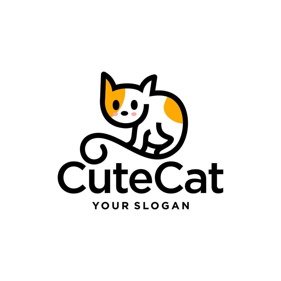 weinig kat logo ontwerp. schattig tekenfilm logo mascotte van wit en geel katje in schets lijn stijl illustratie logo vector ontwerp.