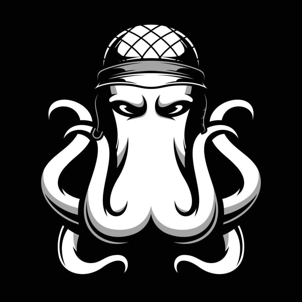 Octopus soldaat zwart en wit mascotte ontwerp vector