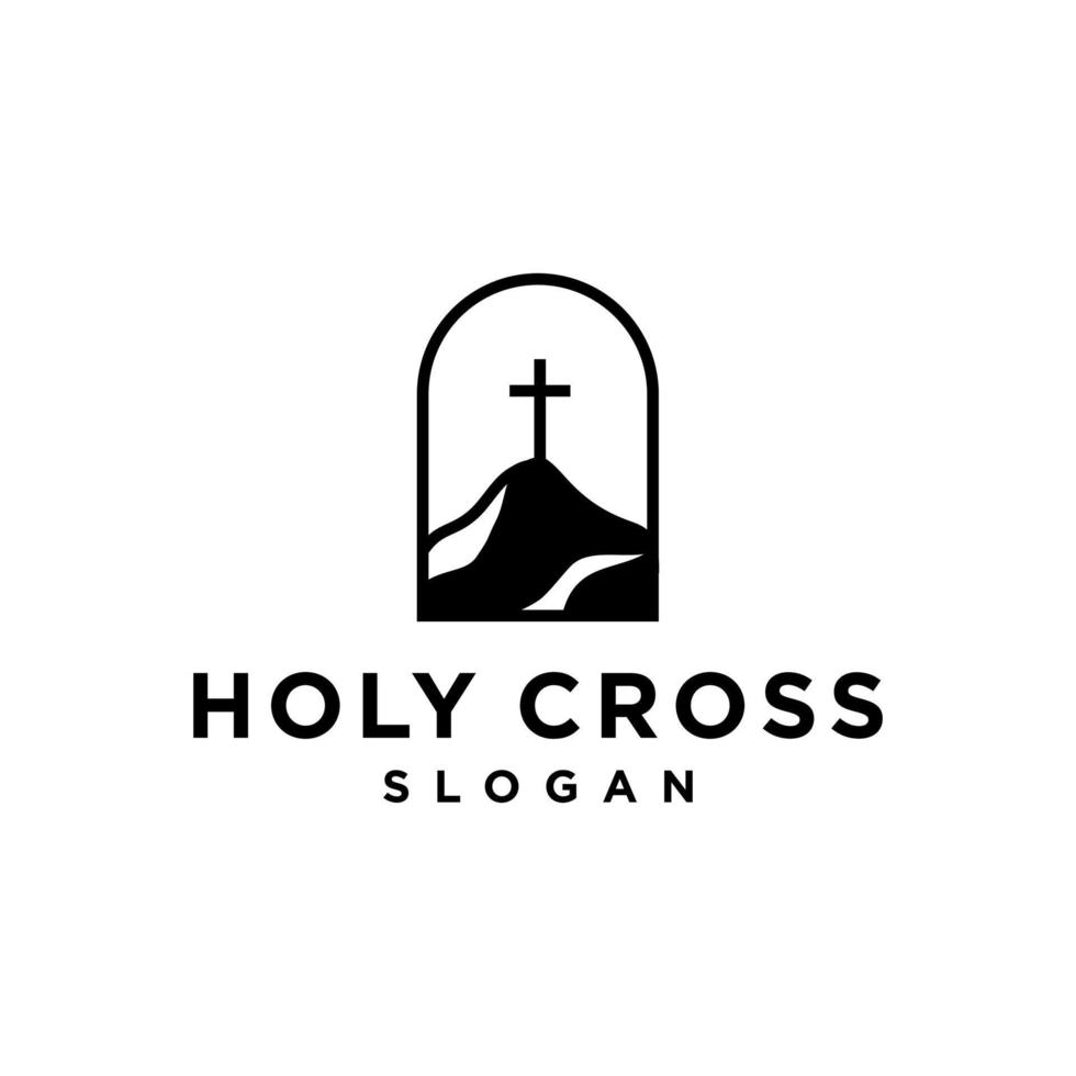 heilig kruis logo icoon .heuvel en berg met heilig christen kruis logo, kerk van Katholiek in natuur landschap illustratie vector
