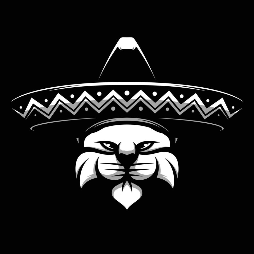 kat sombrero zwart en wit mascotte ontwerp vector