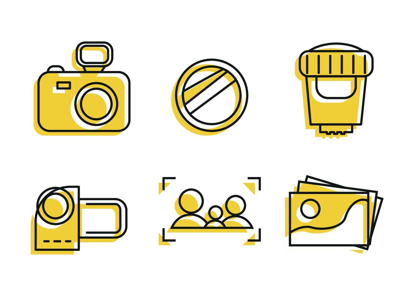 fotografie pictogrammen. icoon reeks voor fotograaf gekleurd. pictogrammen camera, camera, lens, lens, fotograaf, focus met silhouetten, met geel vector