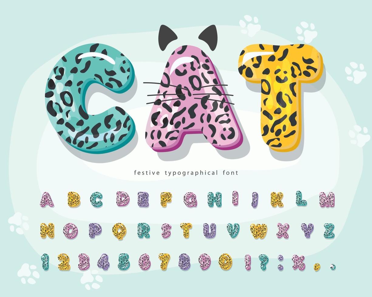 schattige dieren cartoon lettertype voor kinderen. grappig luipaard, jaguar, cheetah-huidalfabet. vector