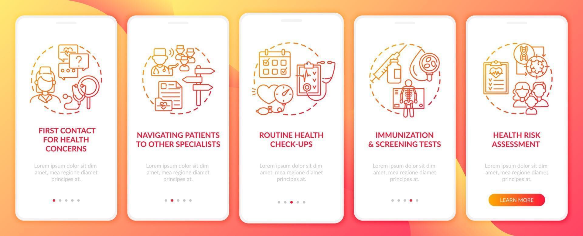 huisarts taken rode onboarding mobiele app pagina scherm met concepten vector