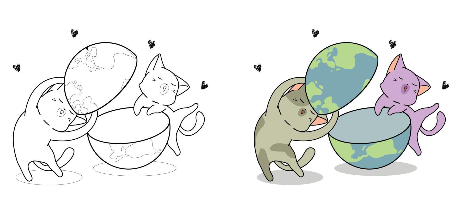 schattige katten houden van de wereld cartoon kleurplaat voor kinderen vector
