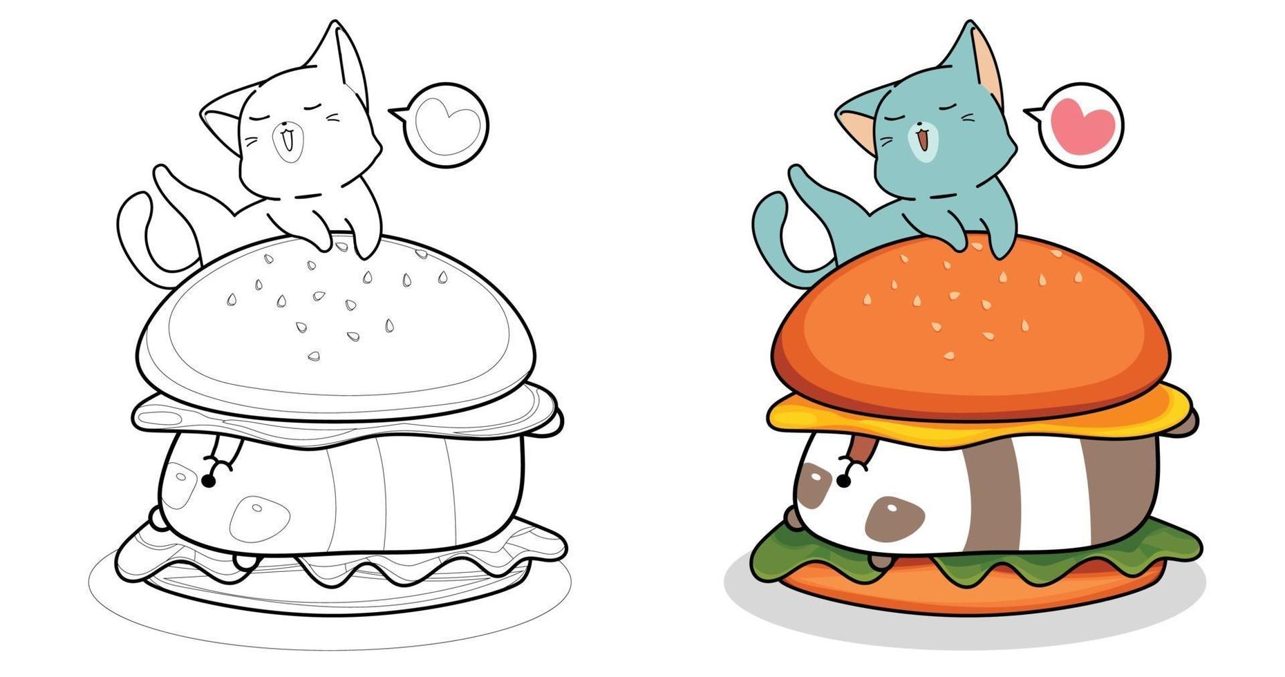 cartoon kat eet grote hamburger kleurplaat voor kinderen vector