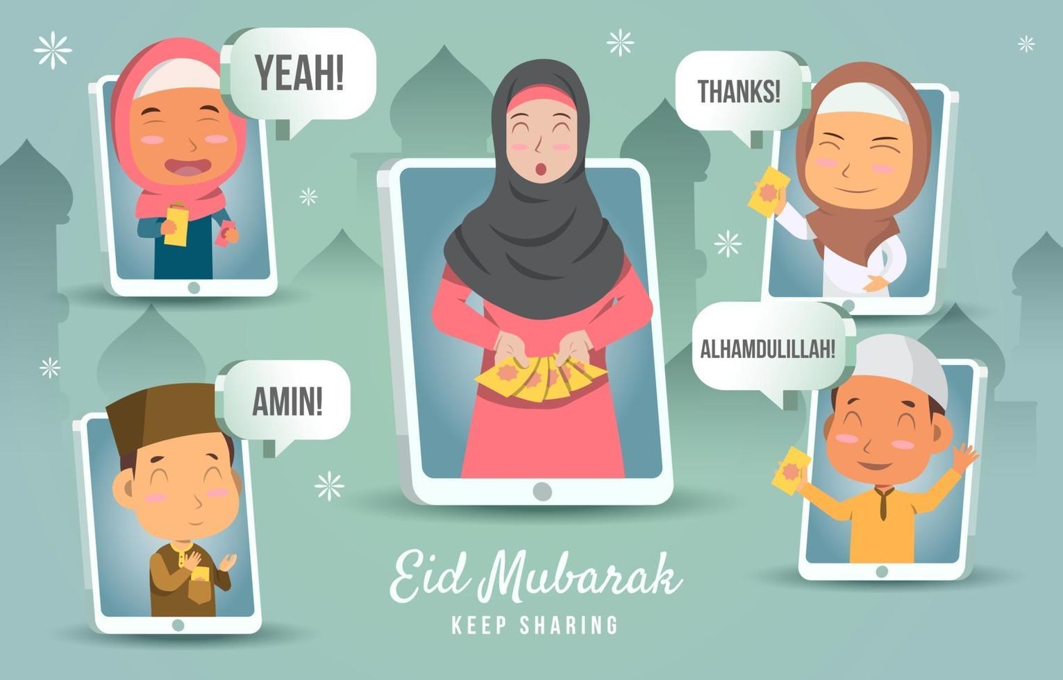 het delen van een geschenk aan moslimkinderen op eid al fitr vector