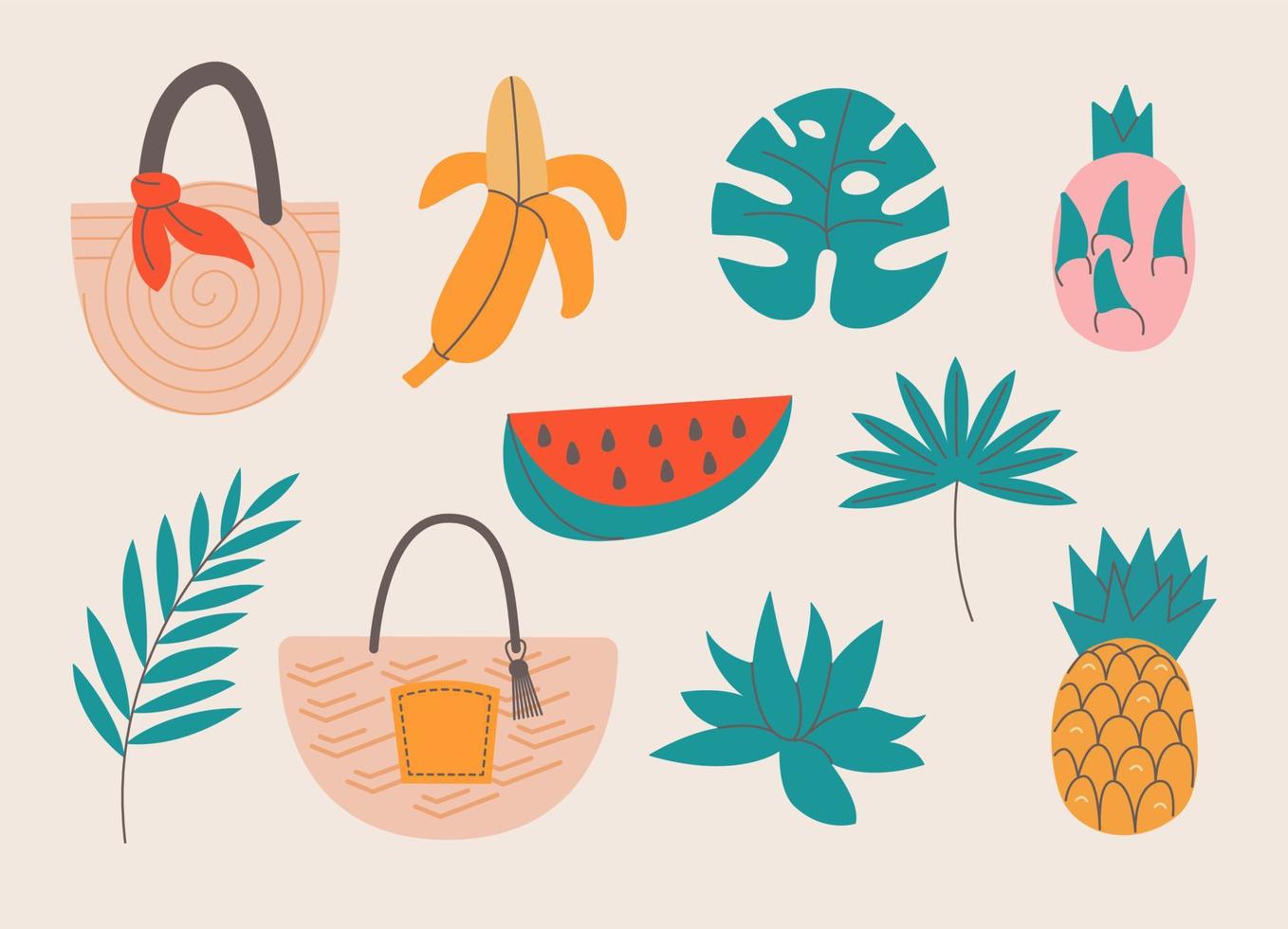 karton zomer elementen, reis, strand, zomertijd accessoire. palm bladeren. strand Tassen en exotisch fruit vector illustratie set. tekening karton illustratie.