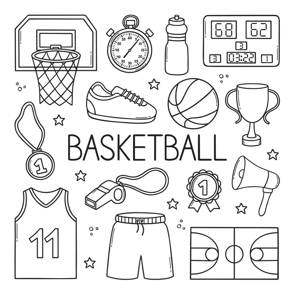 basketbal tekening set. basketbal mand, sport dragen, bal, winnaar beker, medaille in schetsen stijl. hand- getrokken vector illustratie geïsoleerd Aan wit achtergrond