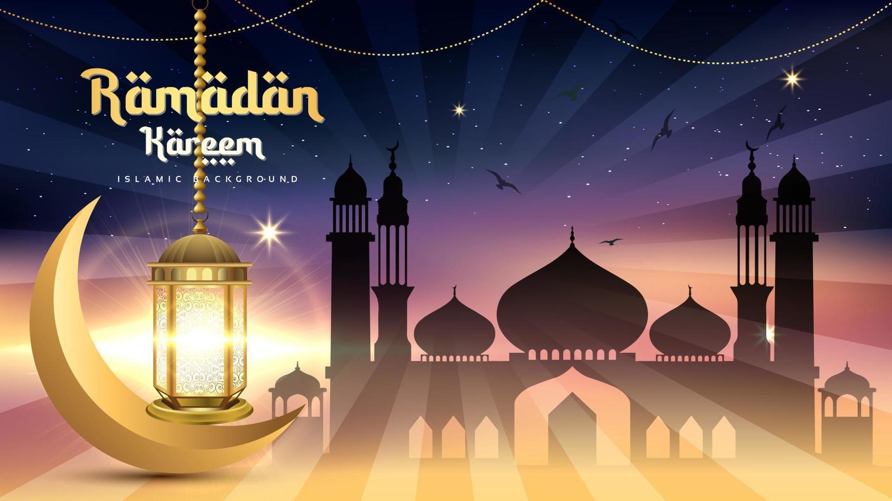Ramadan kareem achtergrond. met moskee silhouet en lantaarn achtergrond, voor Islamitisch groet kaart en poster. vector