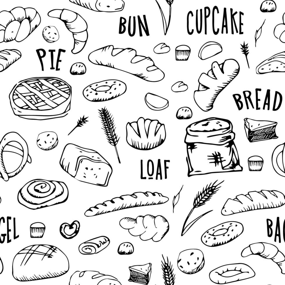 brood schets patroon. tekening rogge, geheel graan en tarwe brood, krakeling, muffin, pita brood, ciabatta, croissant, bagel, geroosterd brood brood, Frans baguette voor bakkerij menu decoratie. vector illustratie.