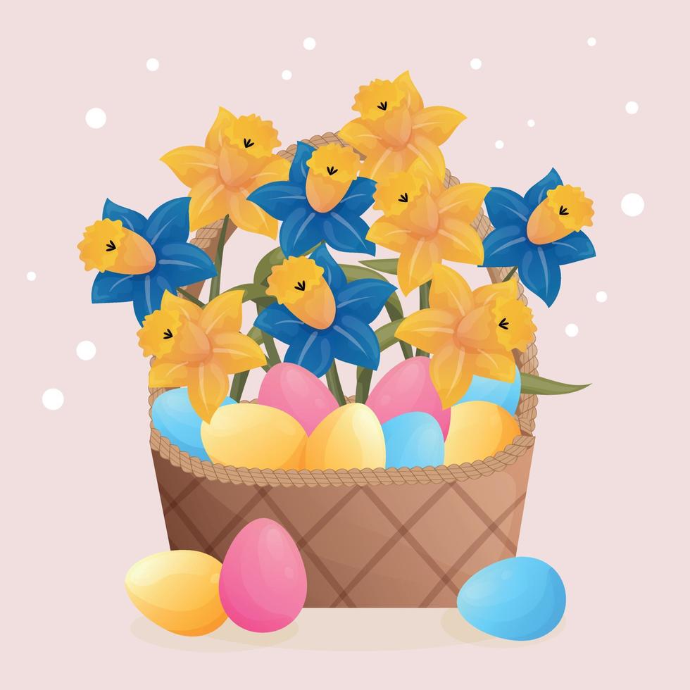 schattig tekenfilm Pasen rieten mand met kleurrijk eieren en geel en blauw narcissen. gelukkig Pasen ansichtkaart met elementen en bloemen vector