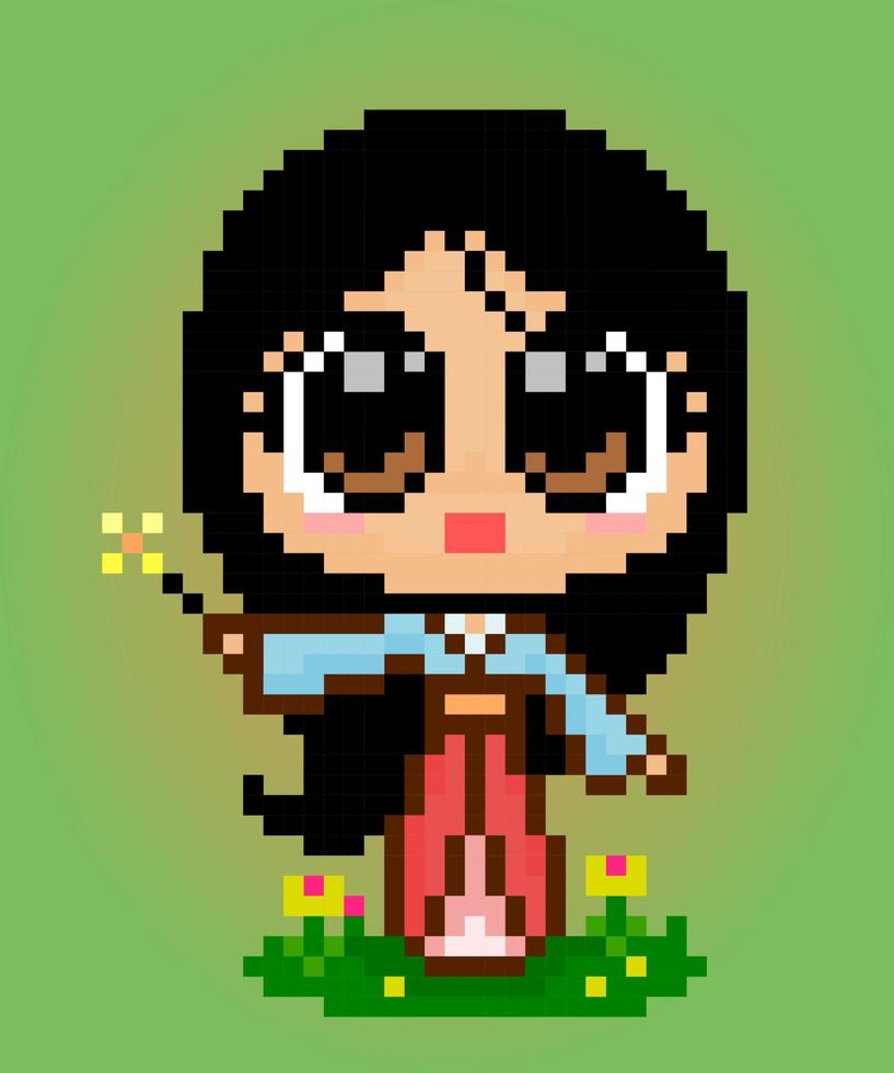 8 beetje pixels Dames slijtage Hanfu jurken. Chinese meisjes Holding vuurwerk in vector illustraties voor spel middelen of kruis steek patronen.