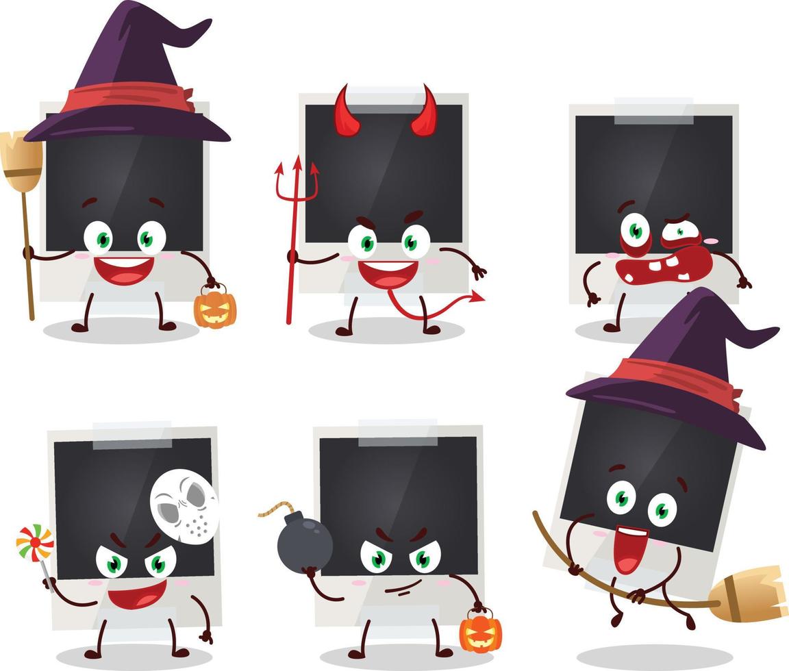 halloween uitdrukking emoticons met tekenfilm karakter van zwart polaroid vector