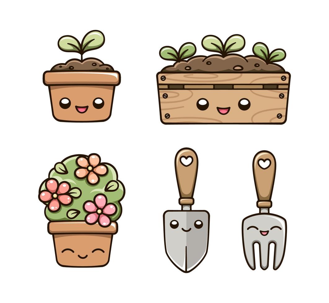 kawaii tuinieren clip art set. gelukkig ingemaakt planten en botanisch aanplant hulpmiddelen. schattig voorjaar zomer digitaal stickers tekenfilm illustratie. vector