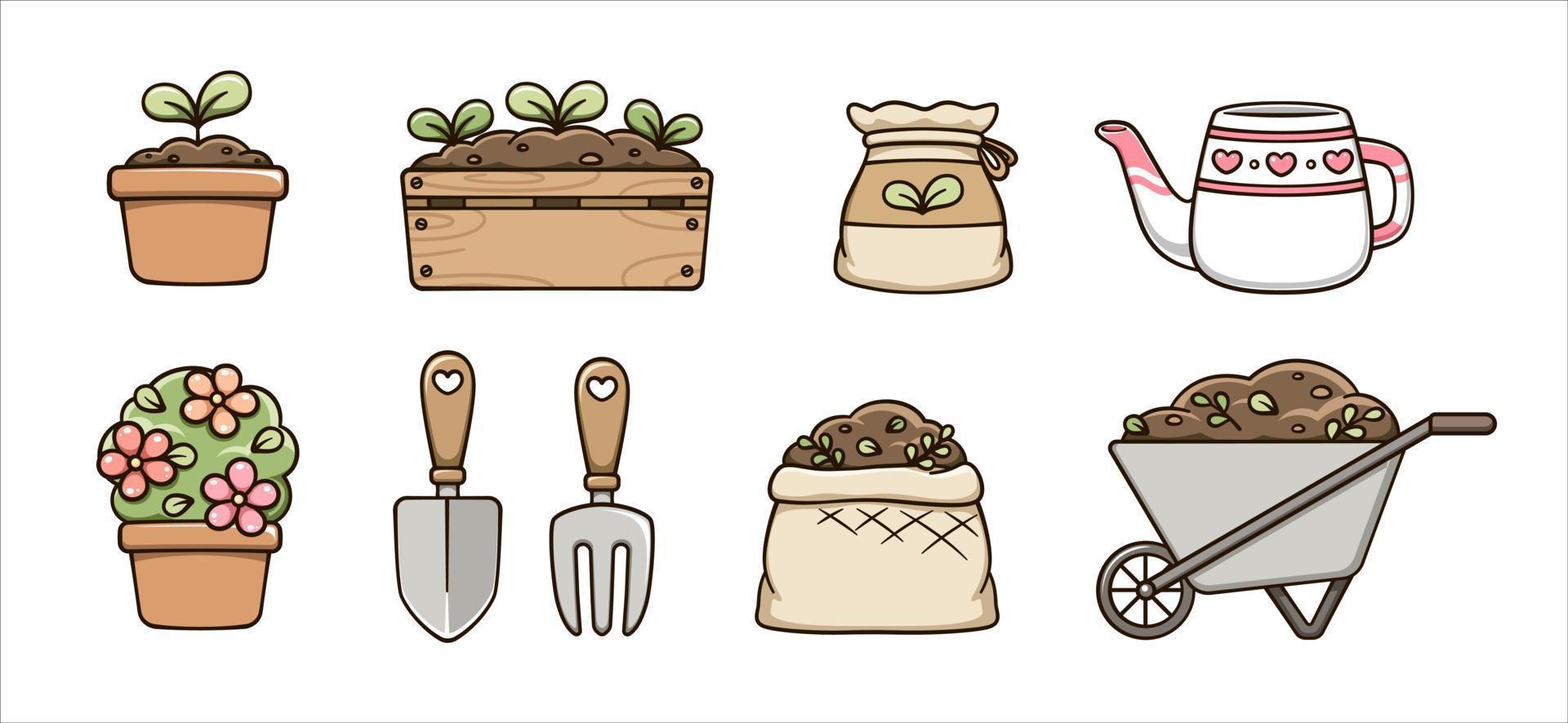 tuinieren clip art set. ingemaakt planten, tuin items en aanplant hulpmiddelen. schattig voorjaar zomer digitaal stickers tekenfilm illustratie. vector