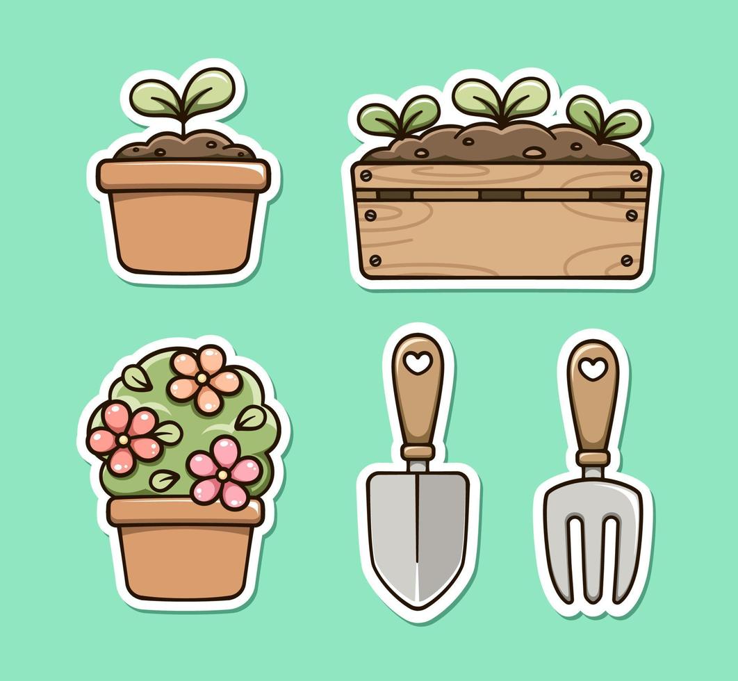 tuinieren clip art set. binnen- huis planten en hulpmiddelen. schattig voorjaar zomer digitaal stickers tekenfilm illustratie. vector