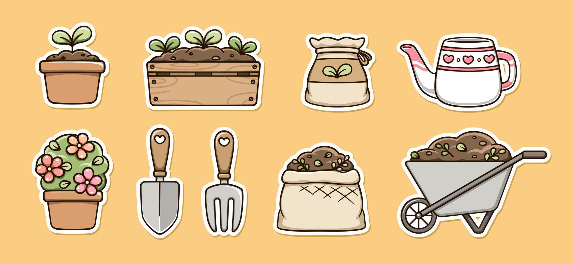 tuinieren clip art set. ingemaakt planten, tuin items en aanplant hulpmiddelen. schattig voorjaar zomer digitaal stickers tekenfilm illustratie. vector