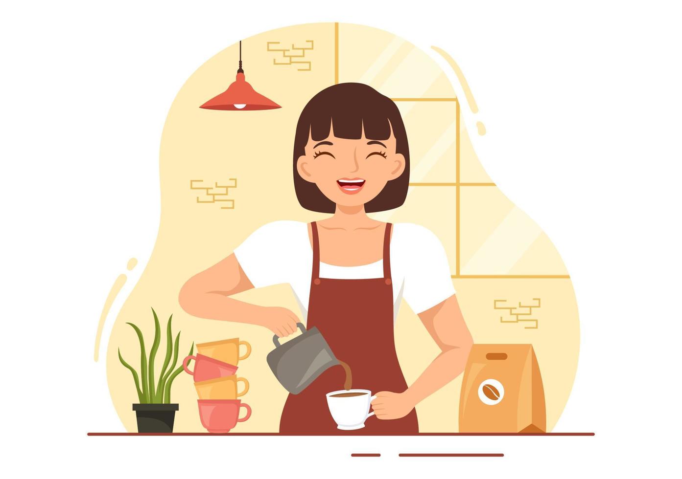 barista illustratie met vervelend staand schort maken koffie voor klant in vlak tekenfilm hand- getrokken landen bladzijde of web banier sjabloon vector