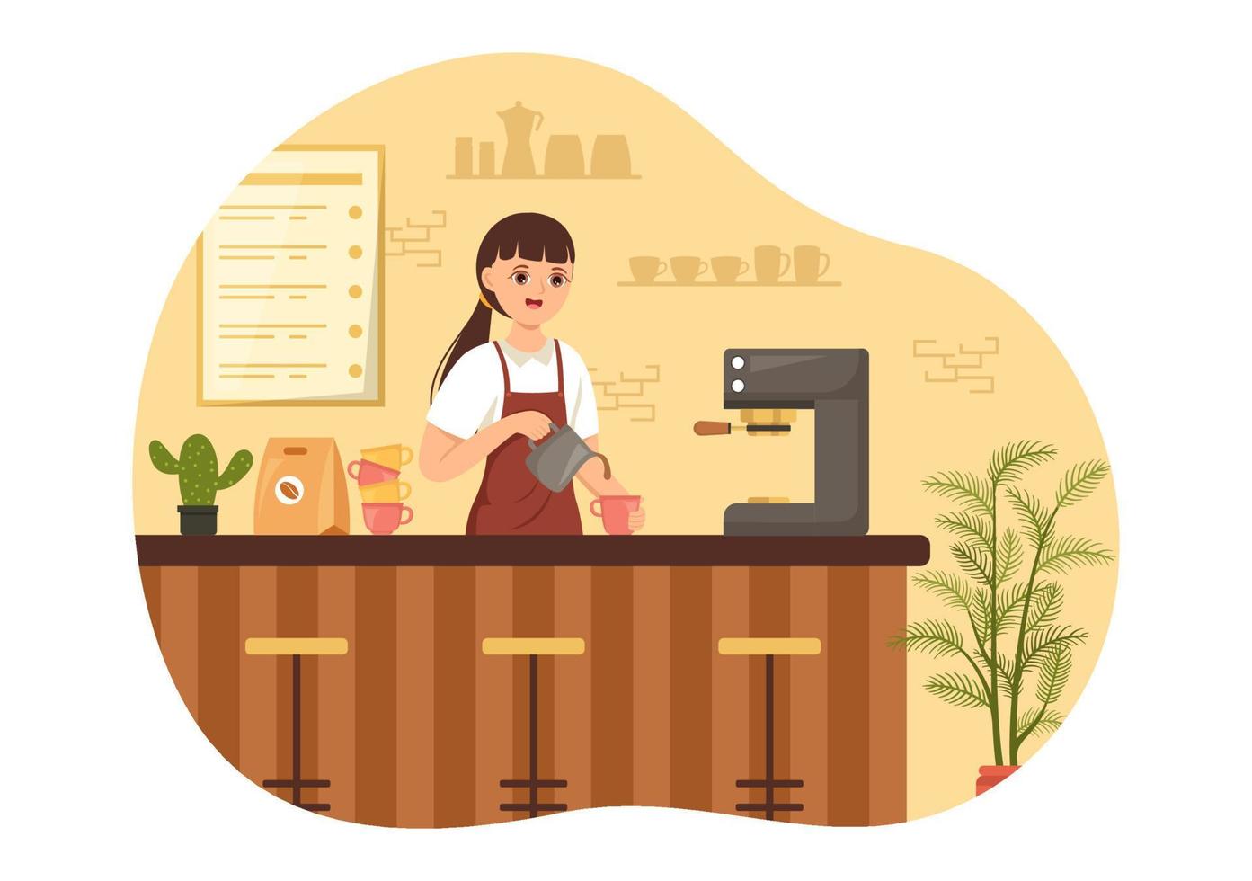 barista illustratie met vervelend staand schort maken koffie voor klant in vlak tekenfilm hand- getrokken landen bladzijde of web banier sjabloon vector