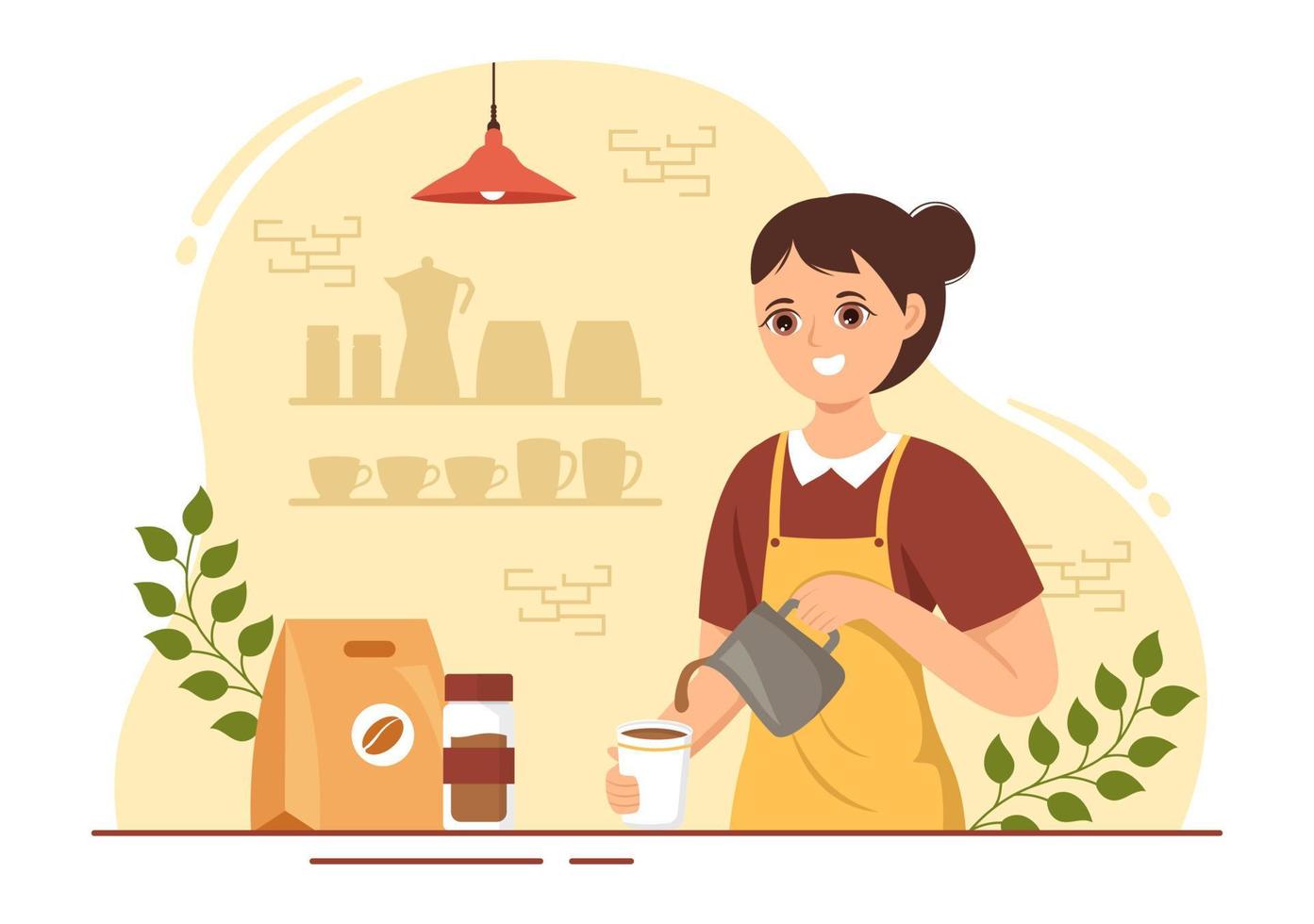 barista illustratie met vervelend staand schort maken koffie voor klant in vlak tekenfilm hand- getrokken landen bladzijde of web banier sjabloon vector